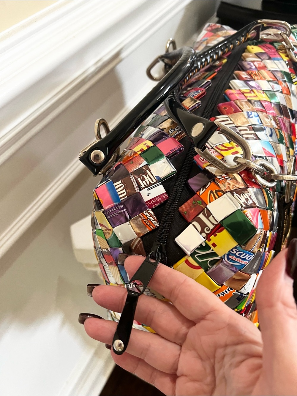 Recycled, Patchwork Hand Woven Candy Wrappers Structured Large Satchel. - Picture 15 of 17